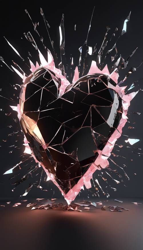 Una ilustración en 3D de un corazón roto brillante, con fragmentos de cristal flotando en un vacío negro.