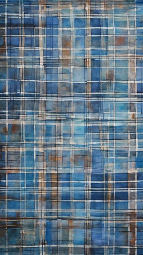 Abstract painting of blue plaid patterns on a canvas.