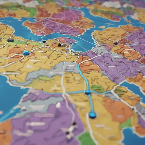 Una mappa di gioco colorata e dal design dinamico composta da diversi territori basati su vari temi.