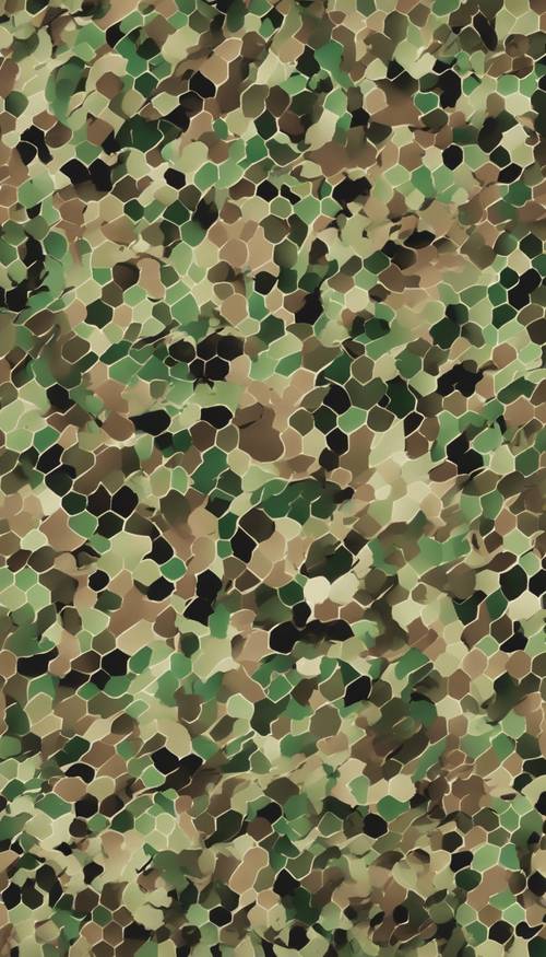 Элегантный узор, напоминающий камуфляжные узоры военной формы, плавно переходящий между оттенками зеленого, коричневого и черного.