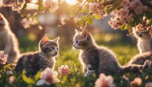 مجموعة من القطط الصغيرة تلعب تحت شجرة تفاح مزهرة مع غروب الشمس الربيعي الدافئ.