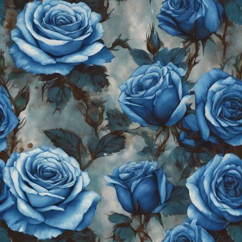 Starożytny, blaknący obraz przedstawiający żywe niebieskie róże w pełnym rozkwicie, oddając estetykę starego świata.