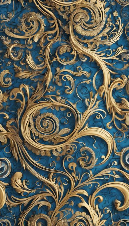 밝은 파란색과 반짝이는 금색의 복잡한 소용돌이와 컬이 특징인 매끄러운 패턴입니다.
