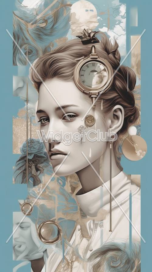 Surreal Artistic Portrait with Blue Elements and Timepiece Motif