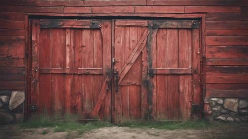 Винтажная деревянная дверь сарая, выкрашенная в выцветший красный цвет, с ржавым металлическим усилением.