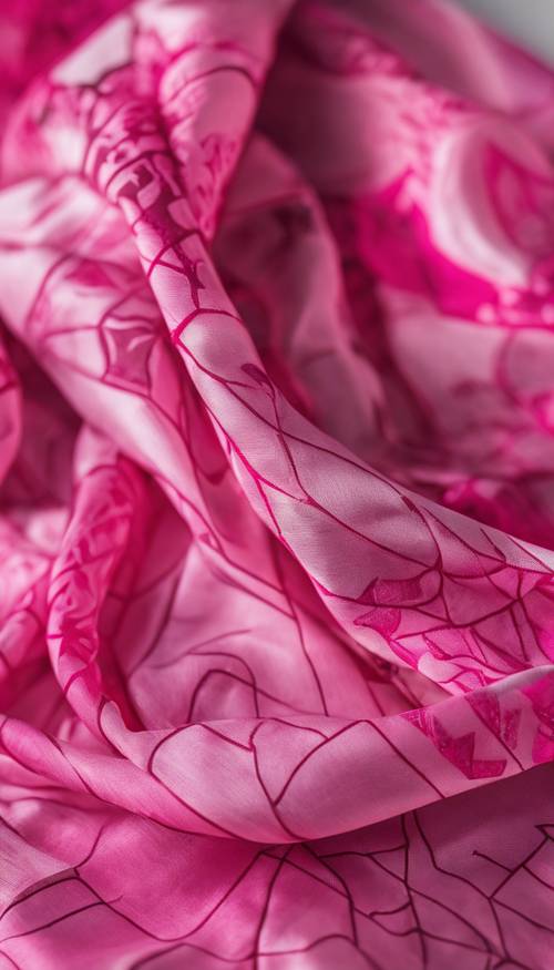 Un pañuelo de seda fluido con motivos geométricos de color rosa intenso.