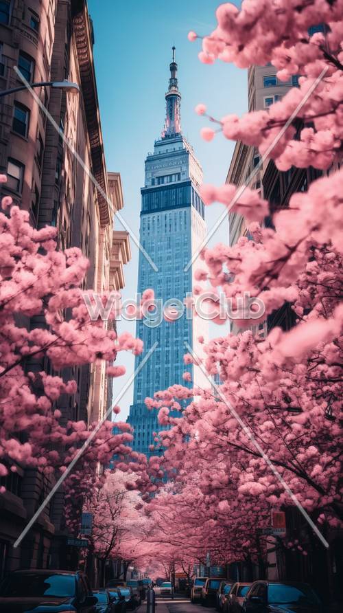 超高層ビルの前の桜の壁紙
