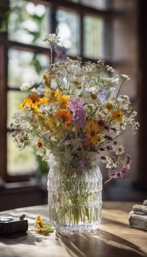 A whimsical arrangement of wildflowers in a crystal vase on an oak table.