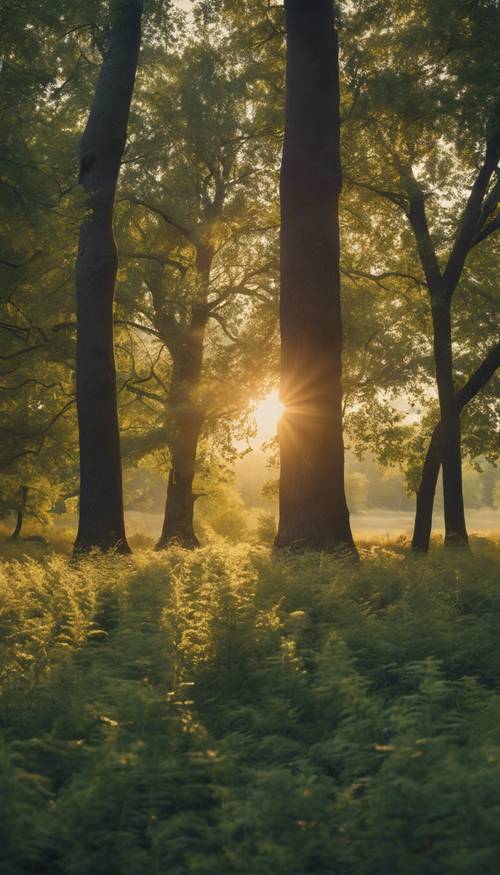 A tranquil forest glade bathing in the golden glow of summer dusk. Tapeta [fff3ded35f8c4ea78c48]
