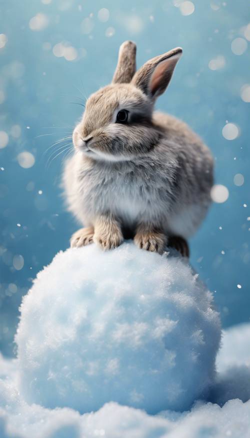 Ein kleines blaues Kaninchen, das auf einem riesigen Schneeball sitzt.