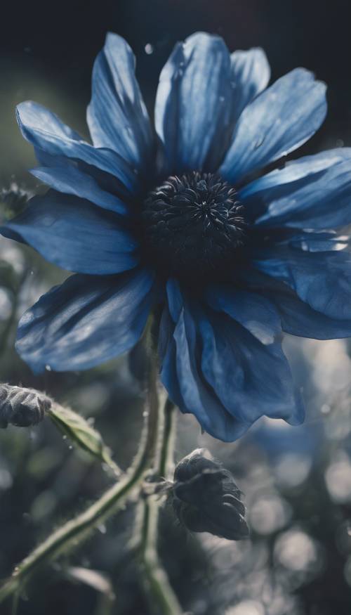 A delicate black and blue flower in full bloom in a moonlit garden.
