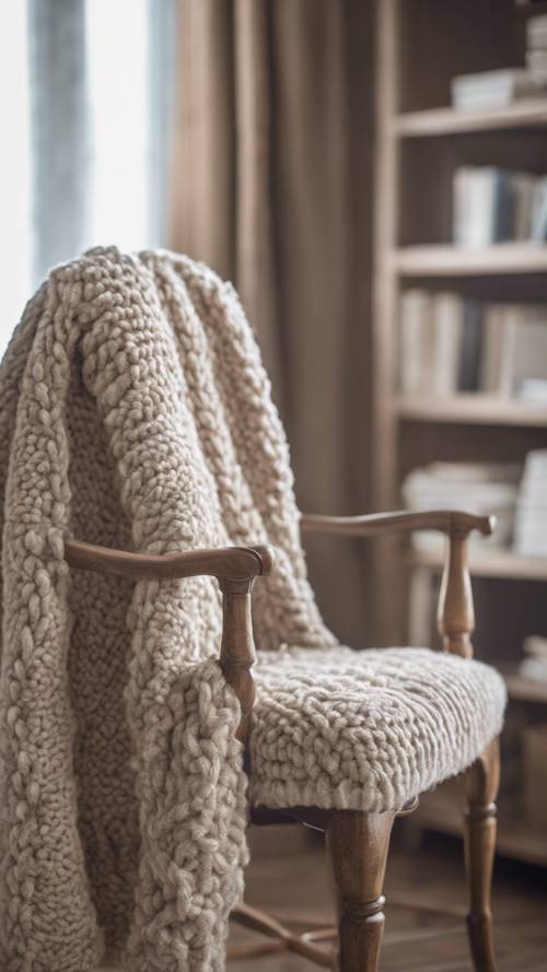 Eine plüschig strukturierte, luxuriös gestrickte Wolljacke, die über einen Stuhl drapiert ist.