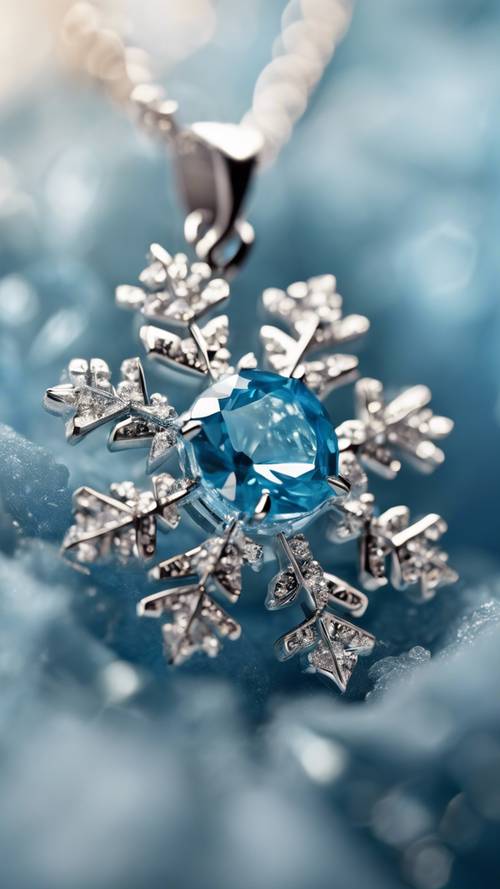 A close-up of an icy blue diamond in a snowflake-shaped pendant.