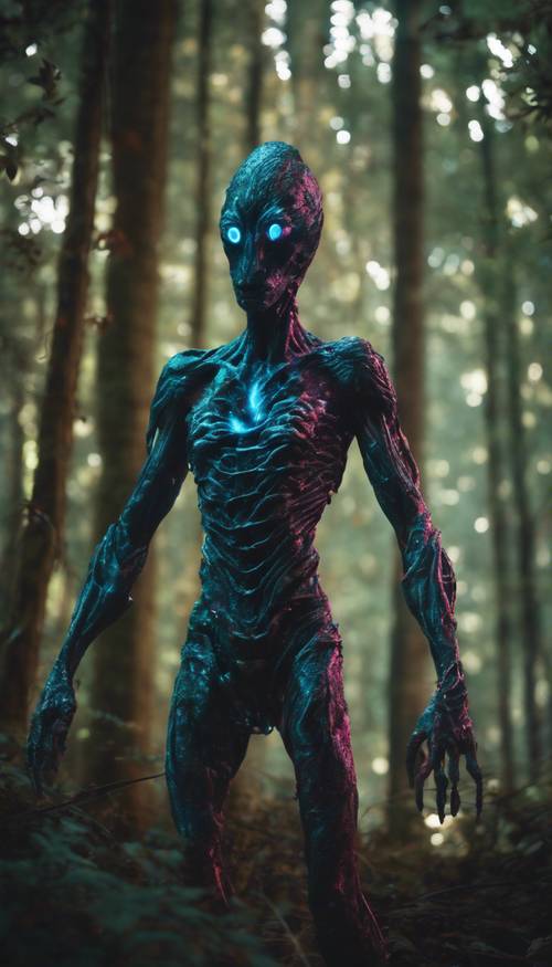 Una criatura extraterrestre que emana un brillo neón brillante en un bosque completamente oscuro.