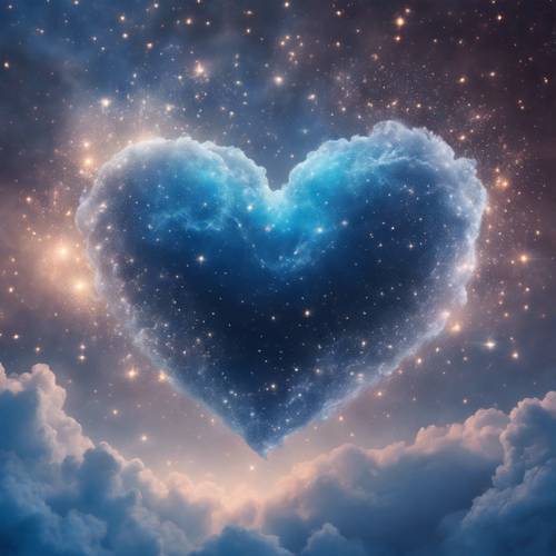 Una sottile nuvola blu a forma di cuore sullo sfondo delle stelle cosmiche.