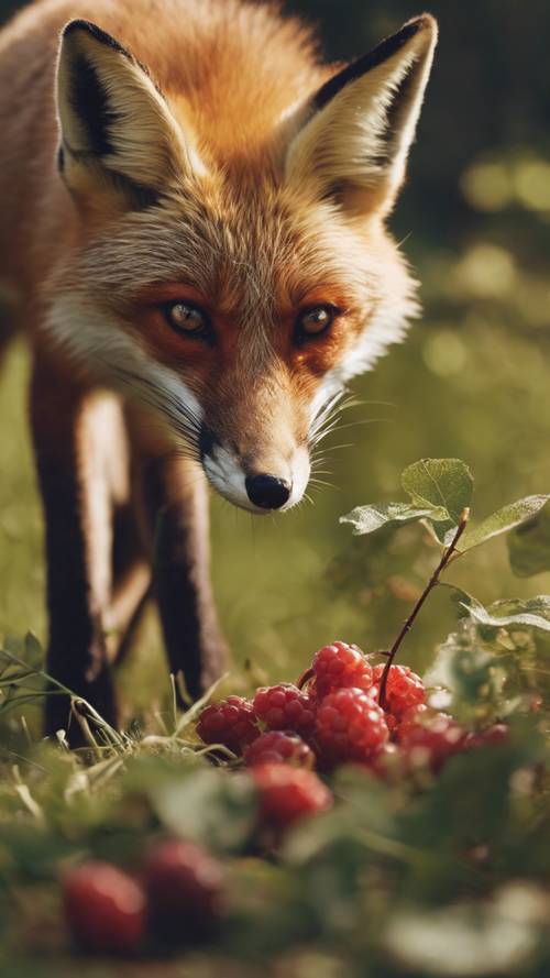 An inquisitive fox sniffing a patch of berries in summer.