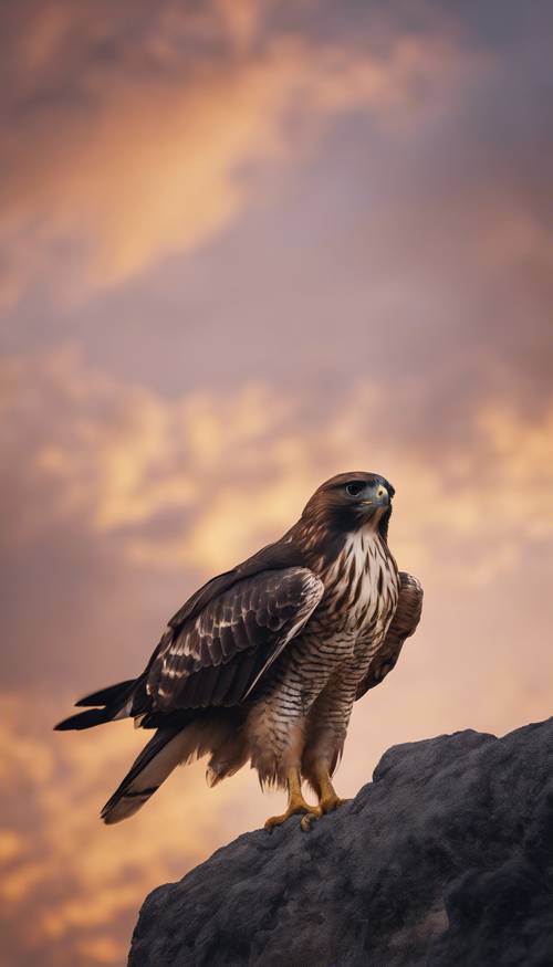 一只鹰在黄昏时分的天空中盘旋，凶猛的翅膀张开。