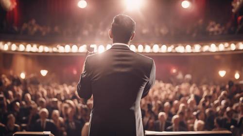 A charismatic, sharply dressed man delivering a passionate speech on a brightly lit stage.