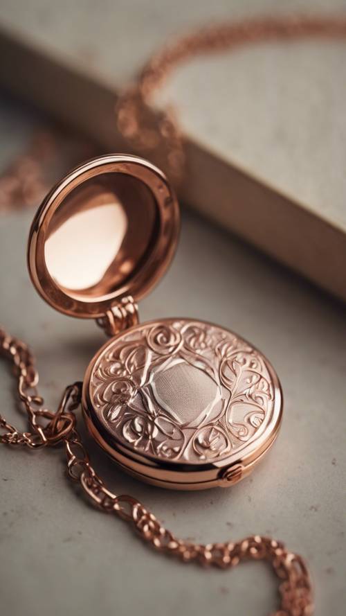Um close de um medalhão vintage em ouro rosa, parcialmente aberto para revelar uma foto misteriosa.