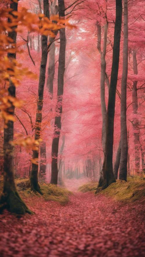 A forest during autumn, showcasing the beautiful blend of pink and orange foliage.