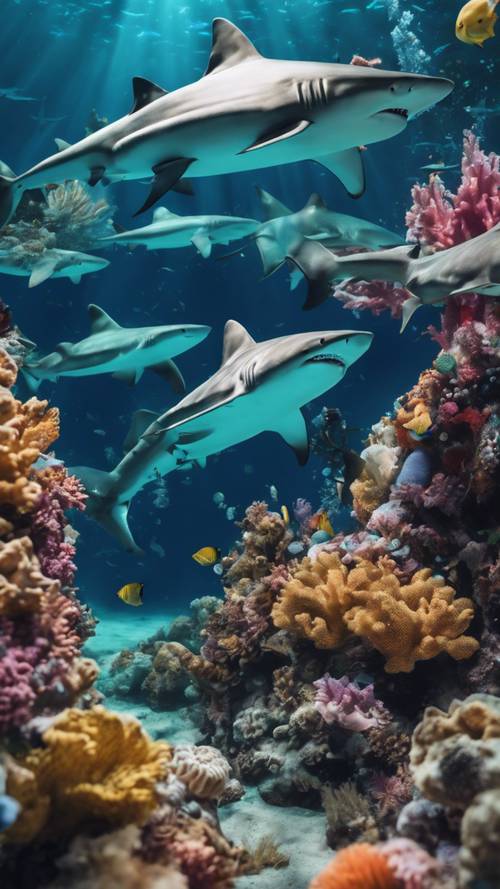 Grupa uroczych, uśmiechniętych rekinów urządzających imprezę pod powierzchnią morza, otoczona kolorowymi koralowcami.