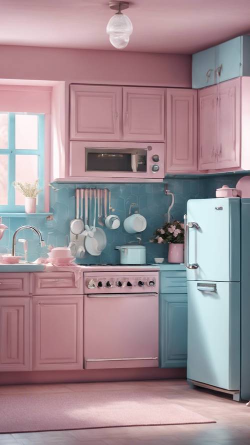 Une cuisine aux tons bleus et roses pastel, avec des appareils électroménagers et une décoration de style Y2K.