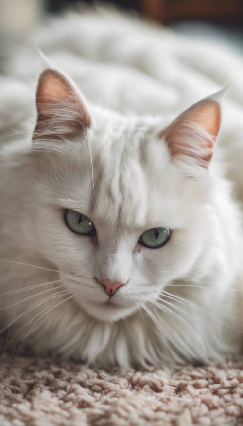 ふわふわ白猫がチェック柄の蝶ネクタイをして、やわらかいカーペットに横たわっている