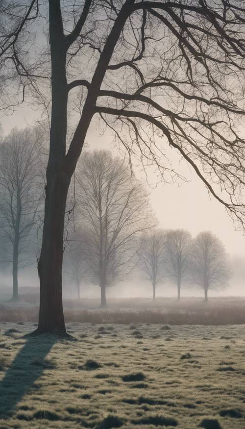 The serene silence of an early spring morning on a farm, wisps of fog drifting over the minimalist landscape.