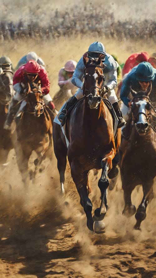 Một bức tranh ấn tượng về một sự kiện đua ngựa, với những chú ngựa đang phi nước đại được ghi lại ở trạng thái đang chuyển động và đám đông phấn khích mờ ảo ở hậu cảnh.