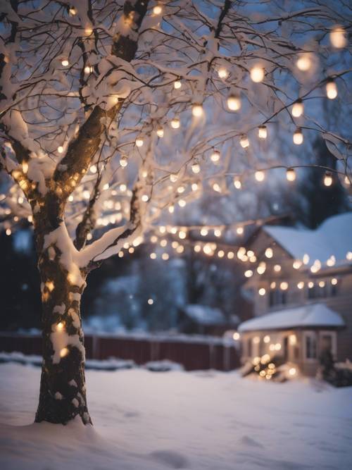 Une soirée enneigée dans le jardin d&#39;un adolescent emo, des guirlandes lumineuses scintillantes contre la blancheur pure.