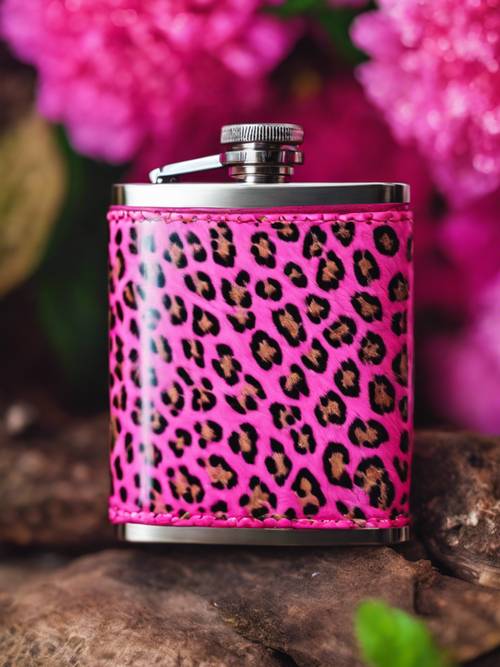 A hip flask with a vivid pink cheetah print wrapped around it.
