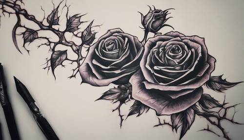 哥特式纹身图案，由带刺的茎、深色玫瑰和蛇交织而成。