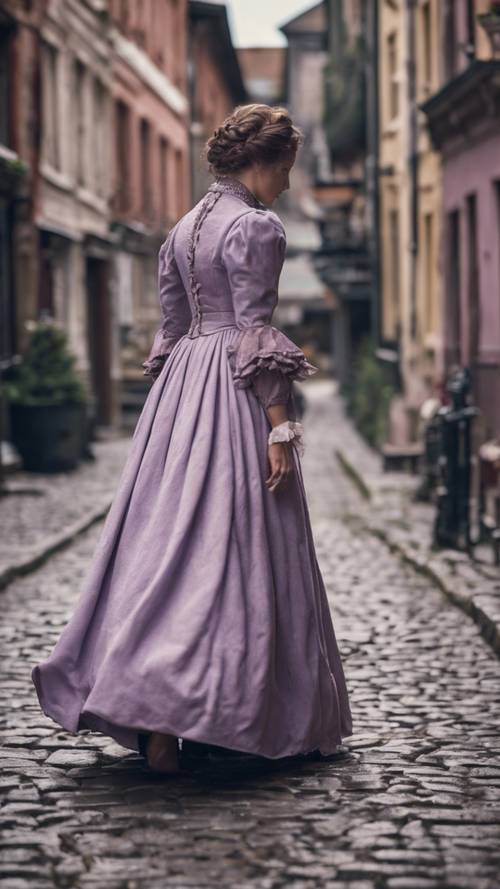 Uma senhora elegante com um vestido vitoriano roxo claro andando por uma rua de paralelepípedos em 1800.