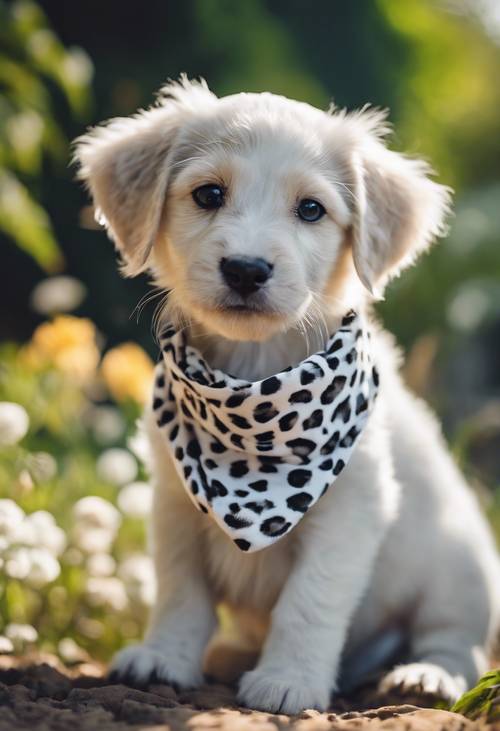 Um cachorrinho fofo vestindo uma bandana branca com estampa de leopardo está brincando no jardim.