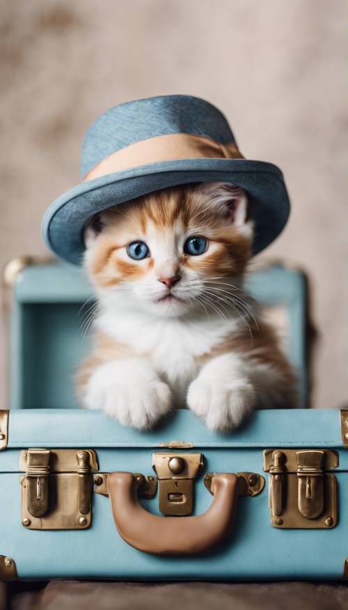 A cute calico kitten wearing a trendy miniature fedora hat, peeking from a shabby chic blue suitcase.