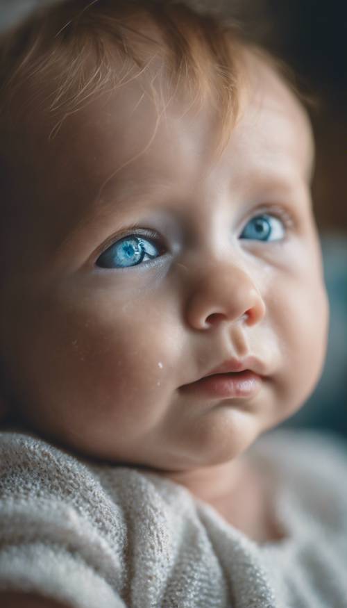 这是一张婴儿的特写肖像，婴儿有着闪亮的蓝眼睛和红润的脸颊。