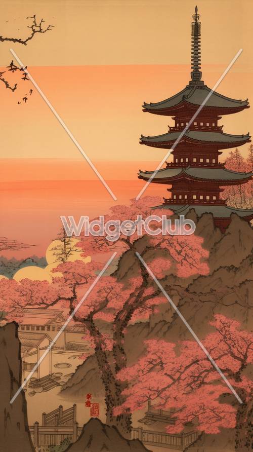 Spokojny zachód słońca i kwiaty wiśni w pagodzie