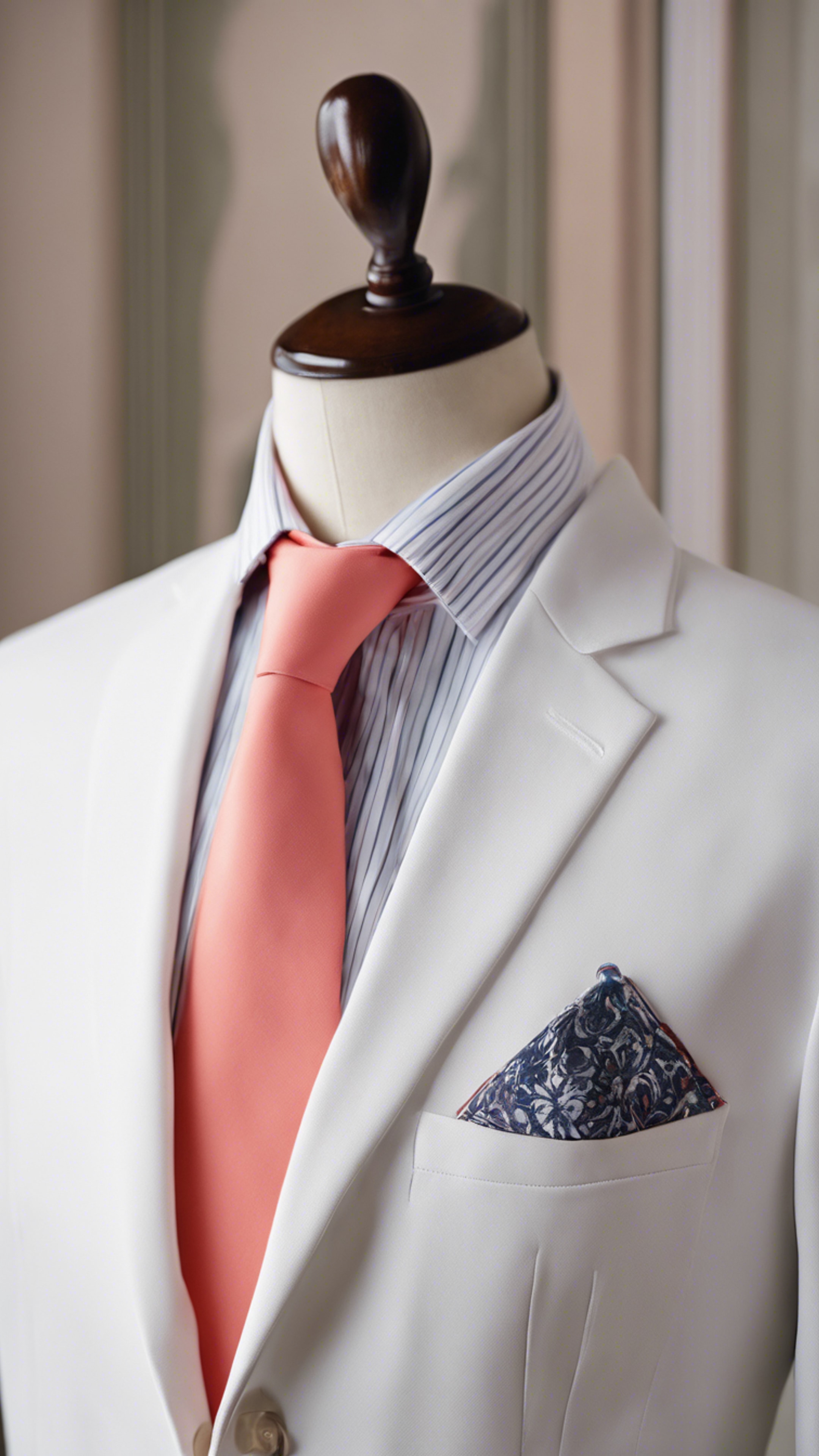 A crisp, clean, white collar shirt with a Coral-colored prep school blazer, presented on a mannequin.壁紙[ffc33acc73f64f61b07e]