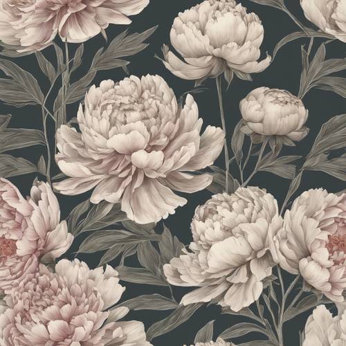 A weathered botanical illustration featuring a detailed study of a vintage peony.