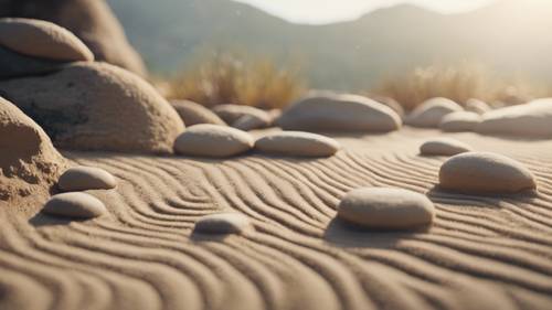 Ein ruhiger September-Zen-Garten mit perfekt geharktem Sand und Steinen