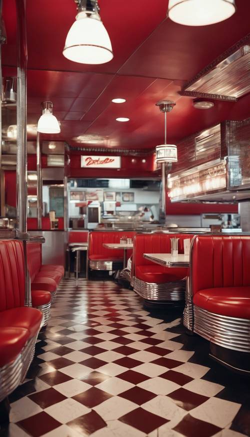 Un restaurante clásico de los años 50 con mesas de cuero rojo y mesas con detalles cromados.