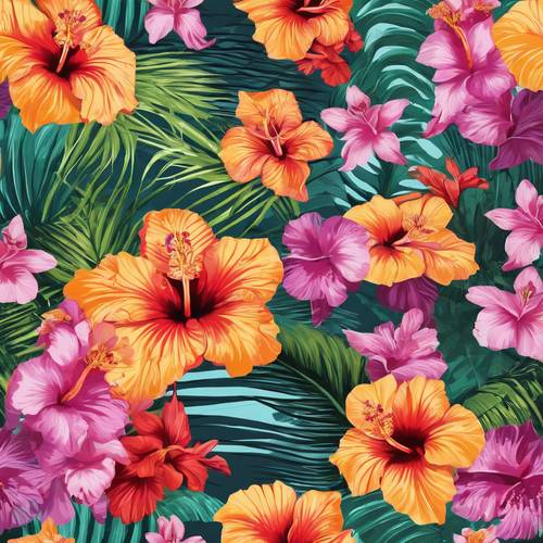 Klasyczny hawajski wzór koszuli pokryty hibiskusem i orchideami w jasnych tropikalnych odcieniach.