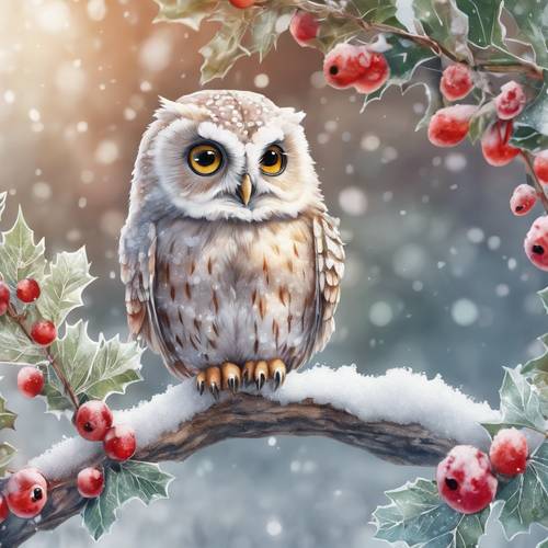 A beautiful watercolor painting of a cute kawaii-style owl sitting on a frosty holly branch.