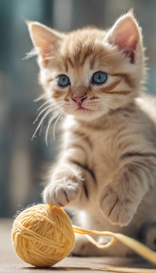 A pastel yellow tabby kitten playing with a ball of yarn. Wallpaper [2d8db41d46d04016aa7d]