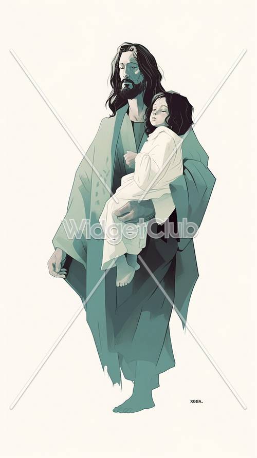 Serene Embrace of a Father and Daughter in Artistic Style Tapet [6bda3658cdc9486ebc4a]