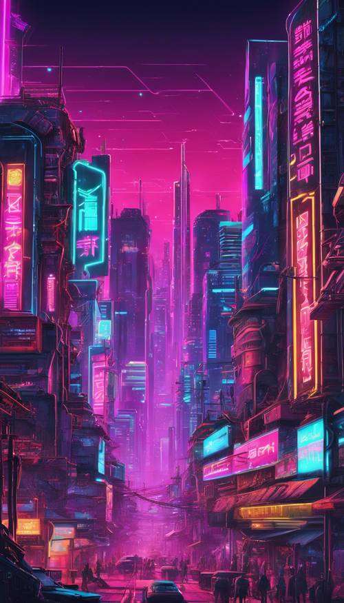 A cyber city skyline at night, filled with neon signs and screen billboards. کاغذ دیواری [fe1b4b57eab74ec48715]