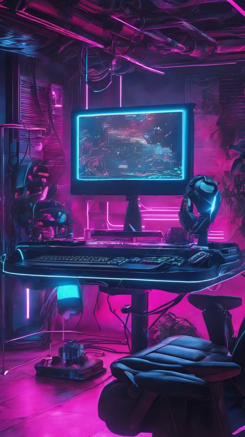A sleek gaming setup with glowing blue lights and black equipment