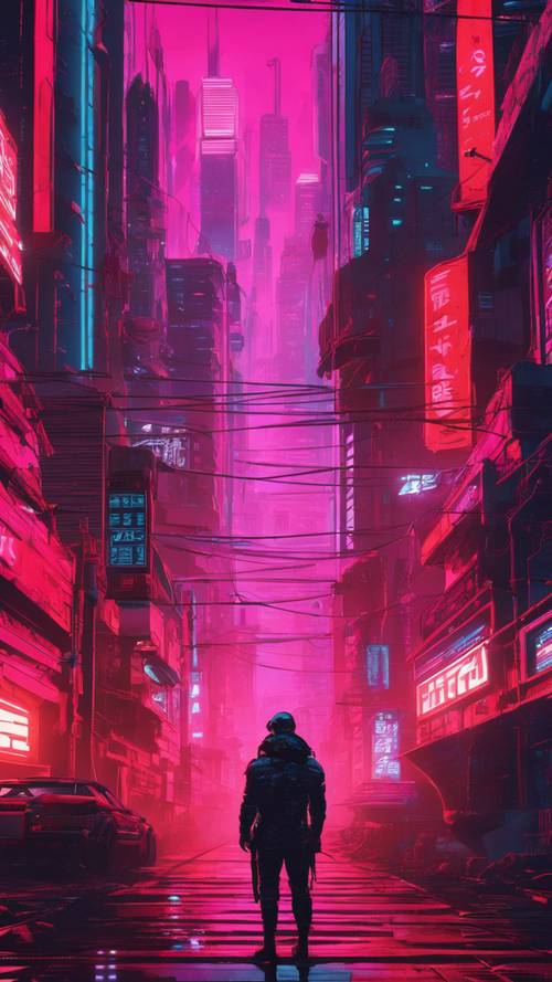Pemandangan kota futuristik dengan arsitektur neon merah dan hitam bersinar dalam suasana cyberpunk.