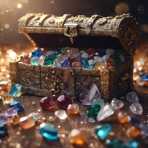 A masterful sweep of gemstones and crystals scattered across a treasure chest.