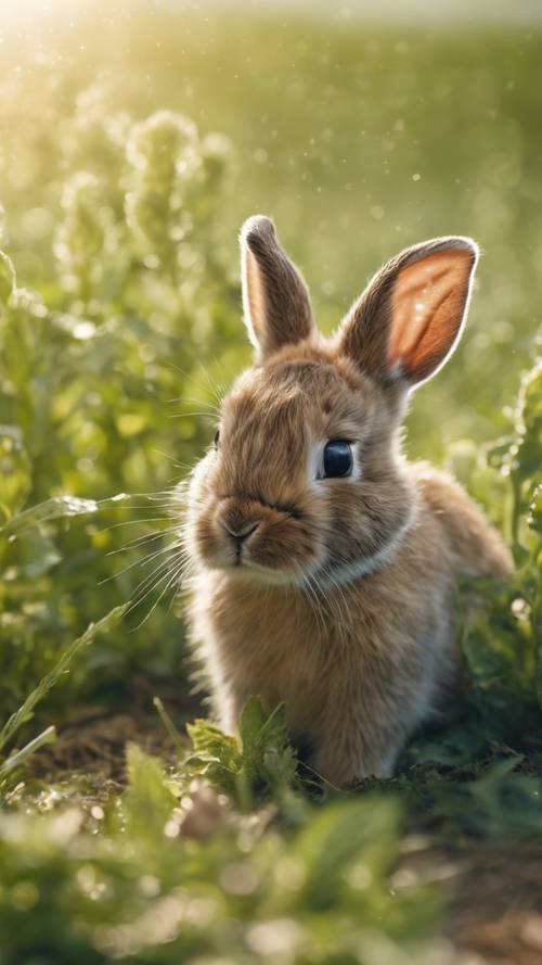 Un conejito dando sus primeros saltos en un prado cubierto de rocío, bajo la atenta mirada de su madre.